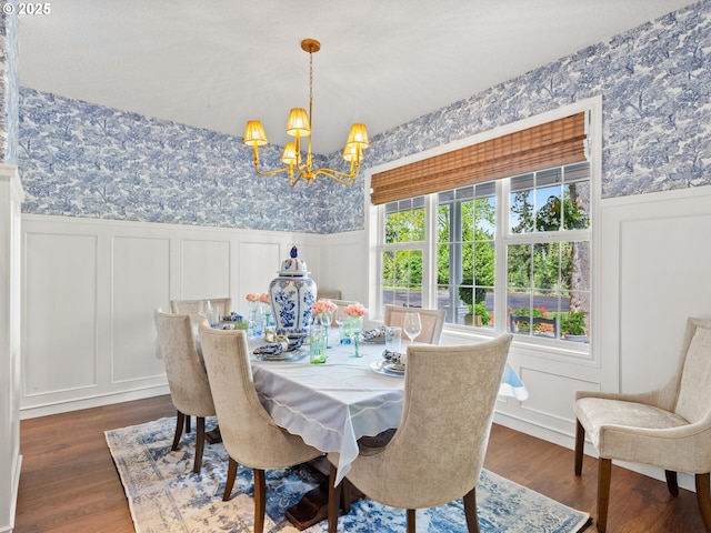 23751 Schultz Rd, Aurora, OR 97002 - dining area with wallpapered walls, a decorative wall, a wainscoted wall, a chandelier, and dark wood finished floors