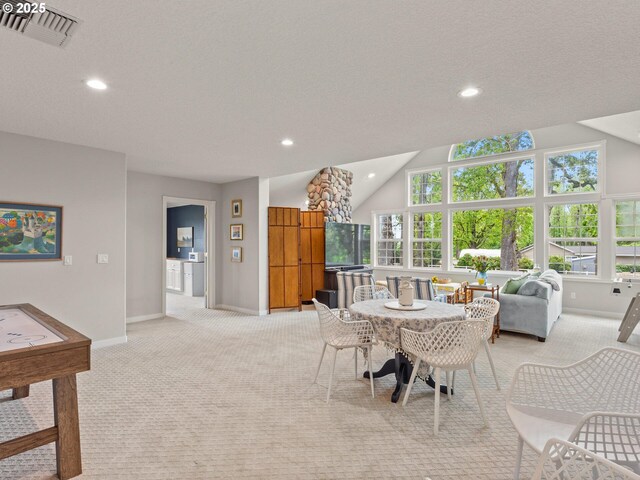 dining area with baseboards, light carpet, recessed lighting, and visible vents