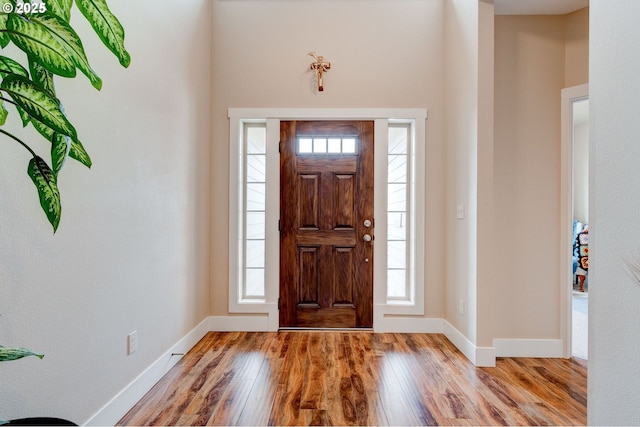 foyer entrance with a wealth of natural light, baseboards, and wood finished floors