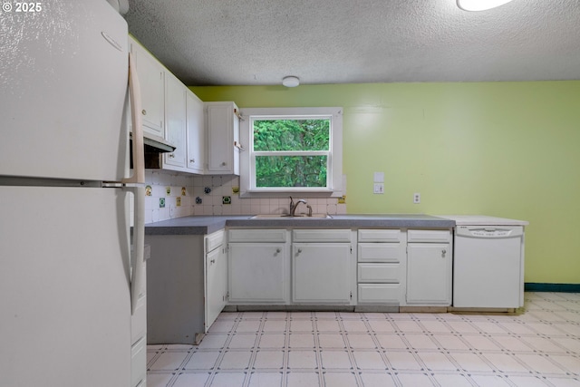 10303 SE Bull Run Rd, Corbett, OR 97019 - kitchen featuring white appliances, a sink, white cabinets, light floors, and a textured ceiling