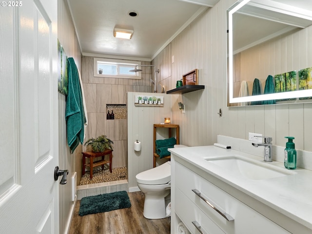 4887 S Elliott Prairie Rd, Woodburn, OR 97071 - bathroom featuring walk in shower, vanity, and wood finished floors