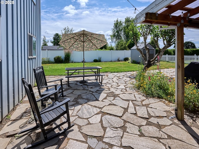 4887 S Elliott Prairie Rd, Woodburn, OR 97071 - fenced backyard featuring outdoor dining space, a storage shed, a patio area, and a pergola