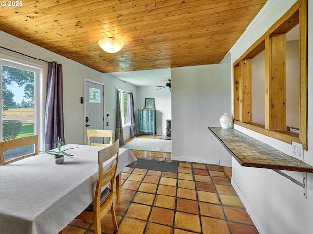 4887 S Elliott Prairie Rd, Woodburn, OR 97071 - dining area featuring a wood stove, plenty of natural light, wood ceiling, and a ceiling fan
