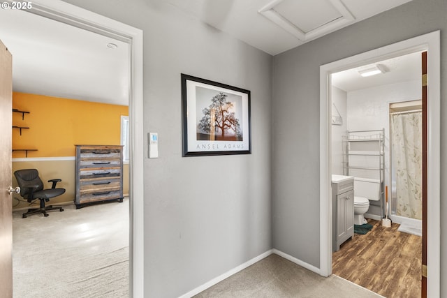 1495 N Hemlock St, Coquille, OR 97423 - corridor with attic access, an office area, and carpet