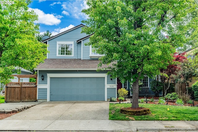 obstructed view of property with an attached garage, driveway, roof with shingles, and fence