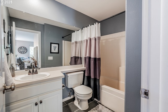 bathroom with toilet, vanity, tile patterned flooring, shower / bath combination with curtain, and connected bathroom