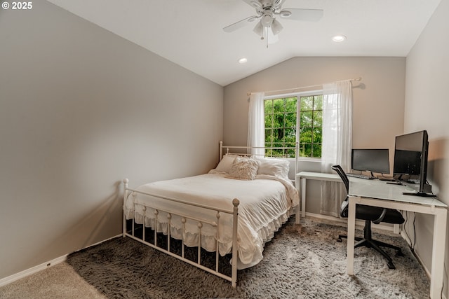 bedroom with carpet flooring, vaulted ceiling, recessed lighting, baseboards, and ceiling fan
