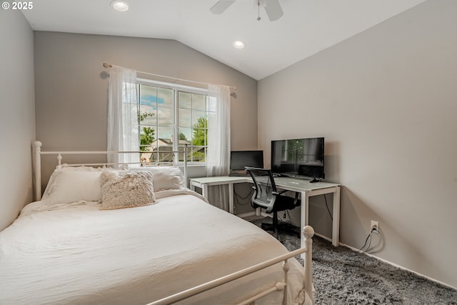 bedroom featuring vaulted ceiling, carpet flooring, a ceiling fan, recessed lighting, and baseboards