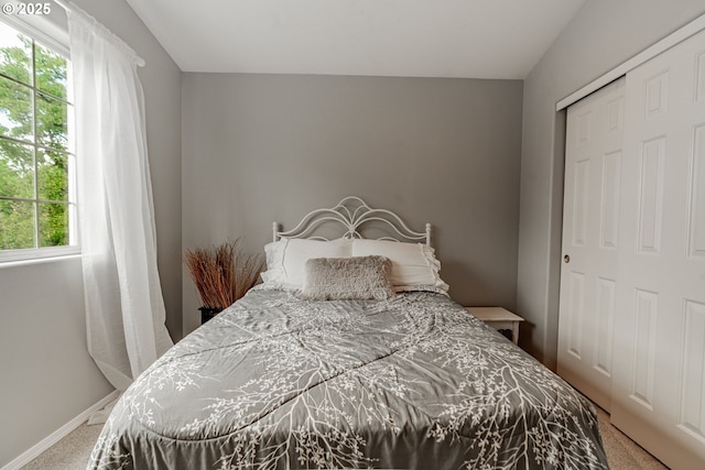 bedroom featuring carpet, a closet, and baseboards