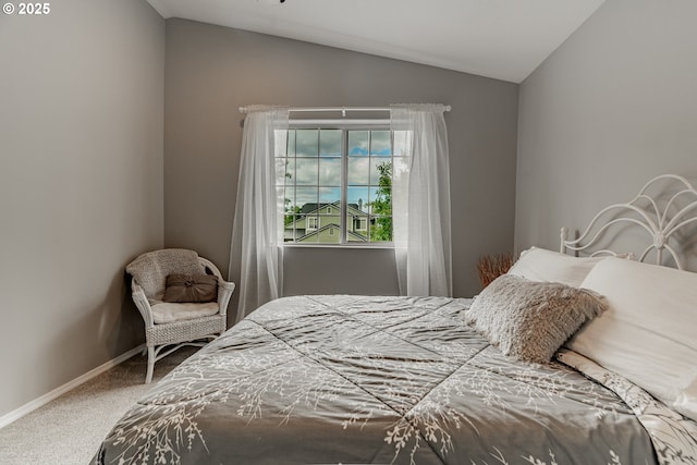 bedroom with carpet floors, lofted ceiling, and baseboards