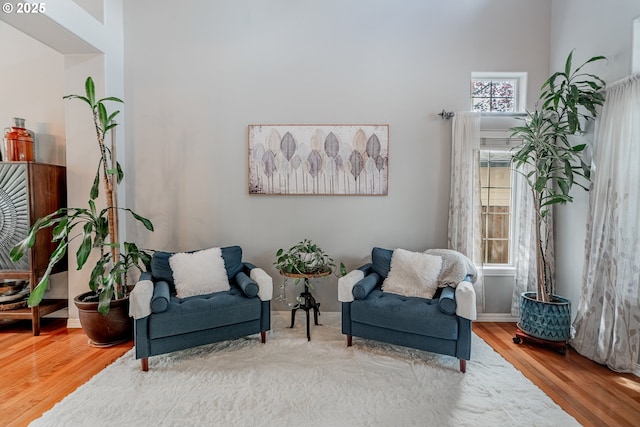 living area featuring wood finished floors, a towering ceiling, and baseboards