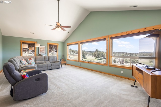 living area featuring visible vents, ceiling fan, light carpet, and baseboards