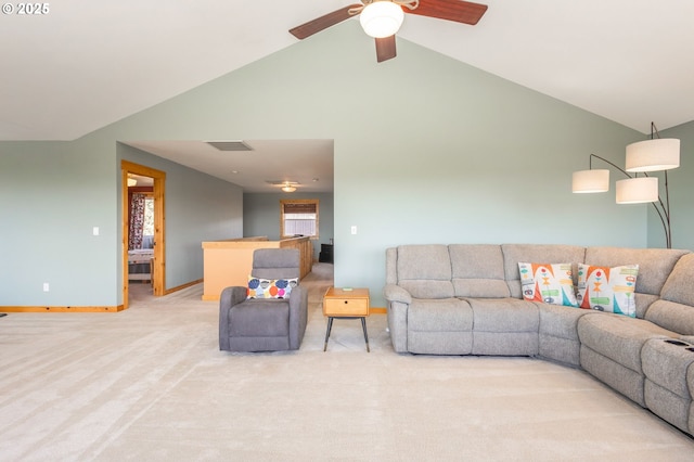 carpeted living room with a ceiling fan, high vaulted ceiling, visible vents, and baseboards