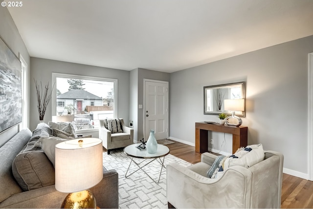 living room with baseboards and wood finished floors