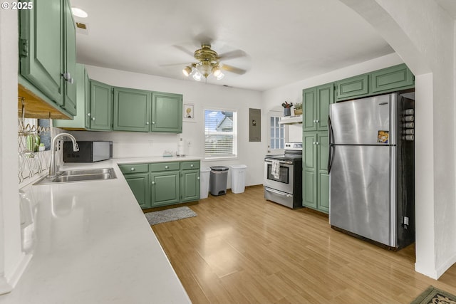 255 W F St, Halsey, OR 97348 - kitchen featuring appliances with stainless steel finishes, arched walkways, electric panel, light countertops, and a ceiling fan