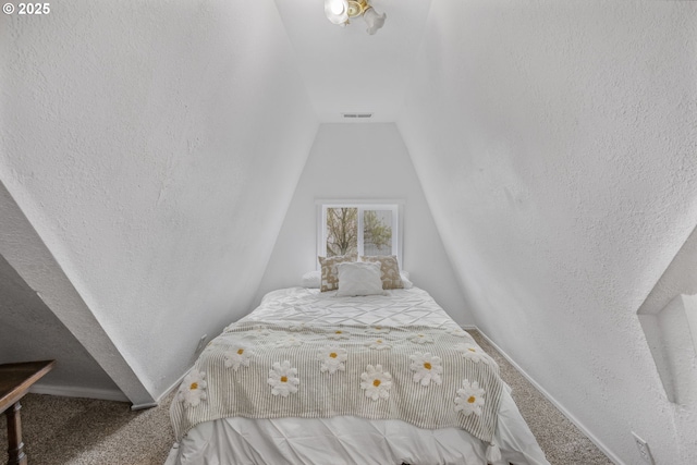 255 W F St, Halsey, OR 97348 - carpeted bedroom featuring vaulted ceiling, baseboards, and a textured wall