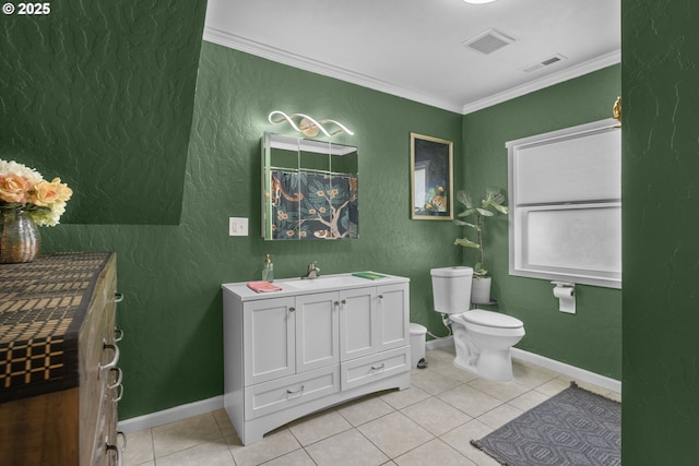 255 W F St, Halsey, OR 97348 - full bath with tile patterned floors, toilet, ornamental molding, vanity, and baseboards