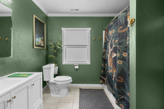 255 W F St, Halsey, OR 97348 - bathroom with toilet, tile patterned floors, crown molding, vanity, and baseboards