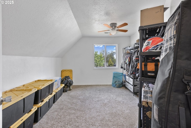 255 W F St, Halsey, OR 97348 - interior space featuring vaulted ceiling, a ceiling fan, and carpet flooring