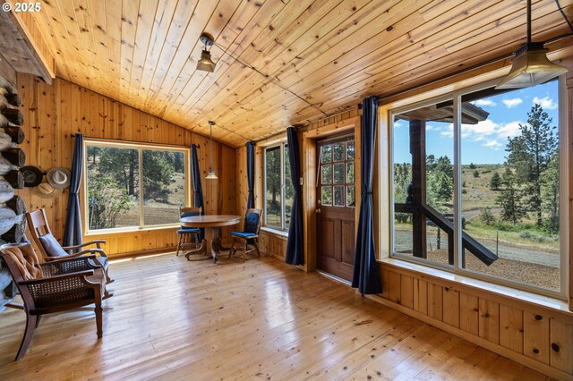 0 Hwy 395, Mount Vernon, OR 97865 - living area featuring vaulted ceiling, wood walls, wood-type flooring, and wooden ceiling