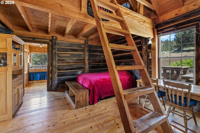 0 Hwy 395, Mount Vernon, OR 97865 - bedroom with a wooden ceiling with exposed beams, light wood-style floors, and log walls