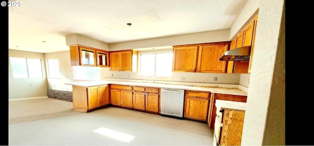 kitchen featuring brown cabinetry, under cabinet range hood, dishwasher, and light carpet
