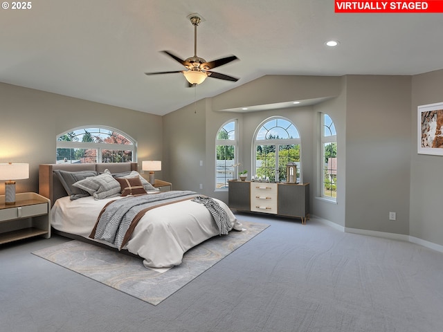 907 NW 90th St, Vancouver, WA 98665 - bedroom with carpet flooring, multiple windows, lofted ceiling, recessed lighting, and ceiling fan