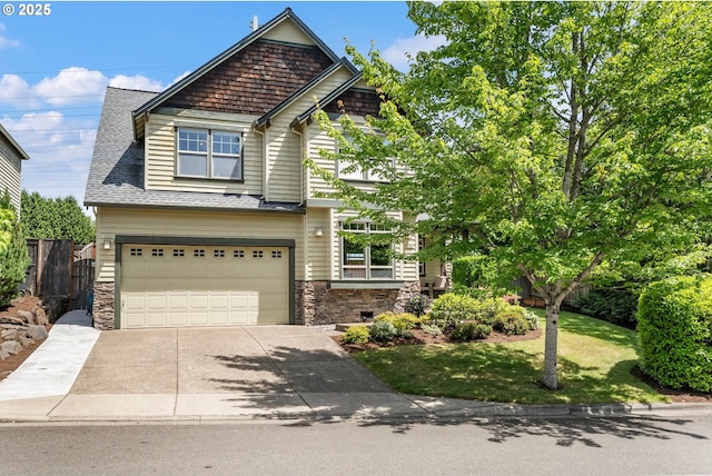 14390 SW Connor Pl, Portland, OR 97224 - craftsman house with stone siding, an attached garage, concrete driveway, and a shingled roof