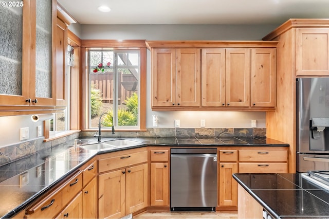14390 SW Connor Pl, Portland, OR 97224 - kitchen featuring stainless steel appliances, recessed lighting, glass insert cabinets, and light brown cabinets