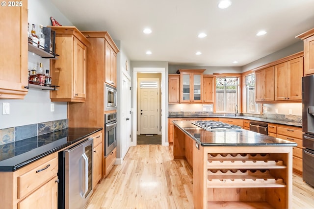 14390 SW Connor Pl, Portland, OR 97224 - kitchen with open shelves, stainless steel appliances, light wood-type flooring, and recessed lighting