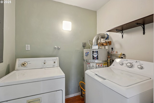 laundry area featuring laundry area, washer and dryer, baseboards, dark wood-style floors, and secured water heater
