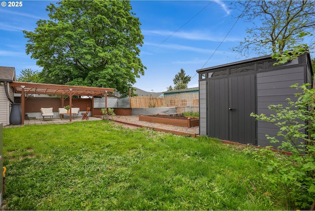 view of yard featuring fence, a shed, a garden, a patio area, and an outdoor structure