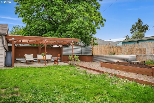 view of yard featuring fence, a pergola, a vegetable garden, an outdoor living space, and a patio