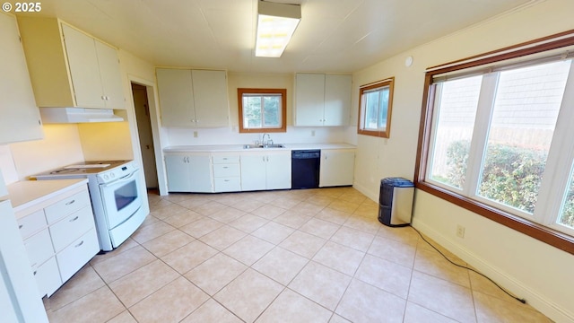 kitchen featuring white cabinetry, white electric range oven, black dishwasher, and sink