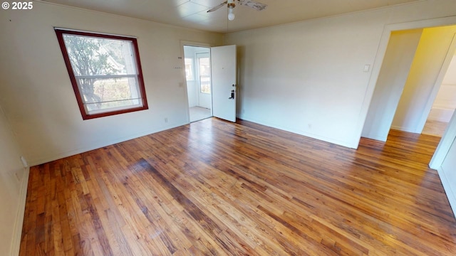 spare room featuring ceiling fan, ornamental molding, and light wood-type flooring