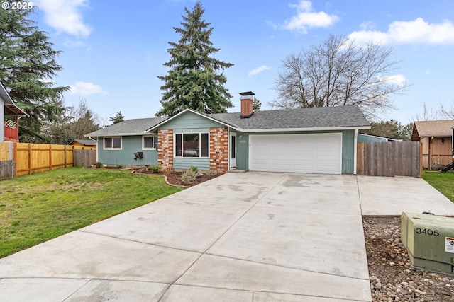 single story home featuring driveway, a front lawn, fence, an attached garage, and a chimney