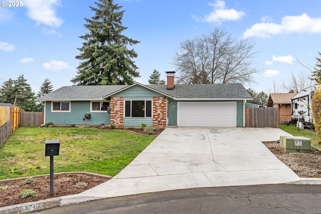 ranch-style home with a front lawn, concrete driveway, fence, and a chimney