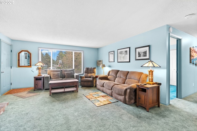 carpeted living area with baseboards and a textured ceiling