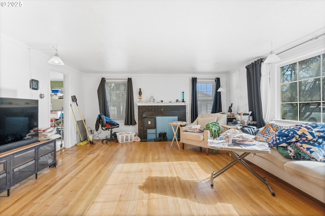 living room with hardwood / wood-style flooring and a brick fireplace