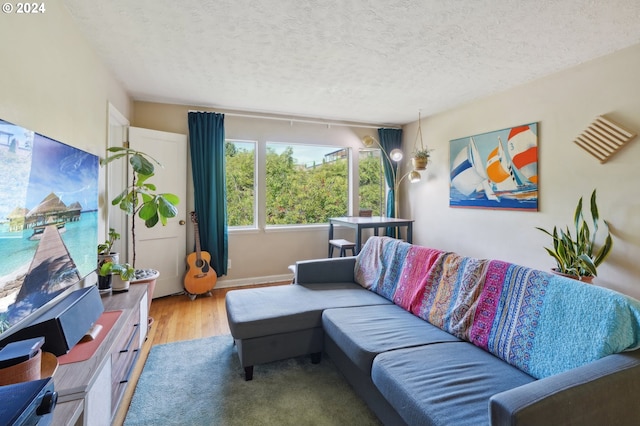 living area with a textured ceiling and wood finished floors