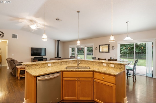 31529 SE Eagle Cliff Ln, Eagle Creek, OR 97022 - kitchen with stainless steel dishwasher, a sink, open floor plan, dark wood-type flooring, and light stone countertops