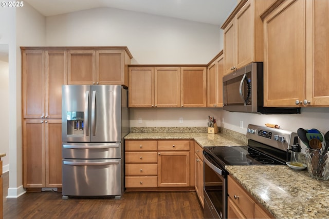 31529 SE Eagle Cliff Ln, Eagle Creek, OR 97022 - kitchen with appliances with stainless steel finishes, lofted ceiling, dark wood-style floors, light stone countertops, and baseboards