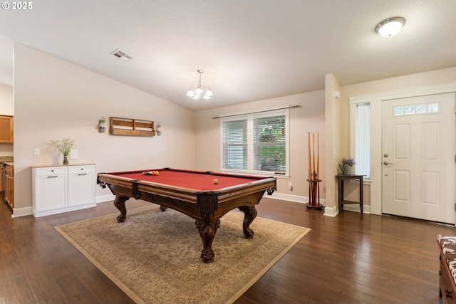 31529 SE Eagle Cliff Ln, Eagle Creek, OR 97022 - game room with dark wood-style floors, billiards, vaulted ceiling, baseboards, and a chandelier