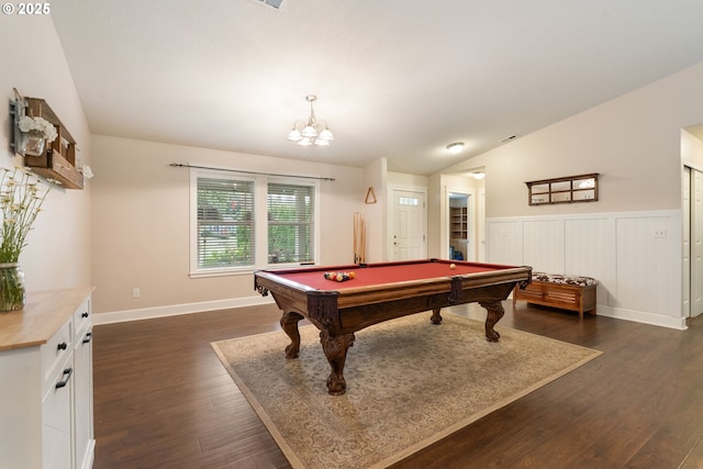 31529 SE Eagle Cliff Ln, Eagle Creek, OR 97022 - playroom featuring billiards table, dark wood-style floors, lofted ceiling, and a chandelier