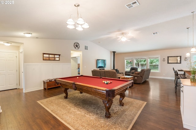 31529 SE Eagle Cliff Ln, Eagle Creek, OR 97022 - playroom with dark wood finished floors, lofted ceiling, pool table, ceiling fan, and a chandelier