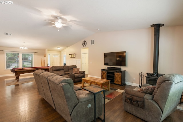 31529 SE Eagle Cliff Ln, Eagle Creek, OR 97022 - living room with a wood stove, a ceiling fan, dark wood finished floors, billiards, and lofted ceiling