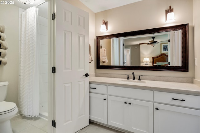 2648 SE Risley Ave, Milwaukie, OR 97267 - full bathroom with tile patterned flooring, vanity, curtained shower, and a ceiling fan