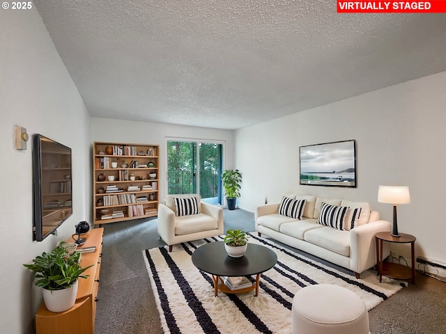 living room with carpet flooring and a textured ceiling