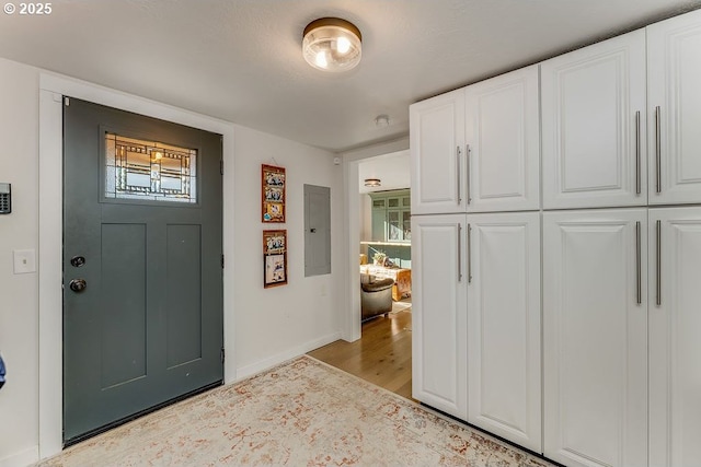 foyer with electric panel and light hardwood / wood-style floors