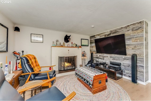 living room featuring a fireplace and light hardwood / wood-style floors